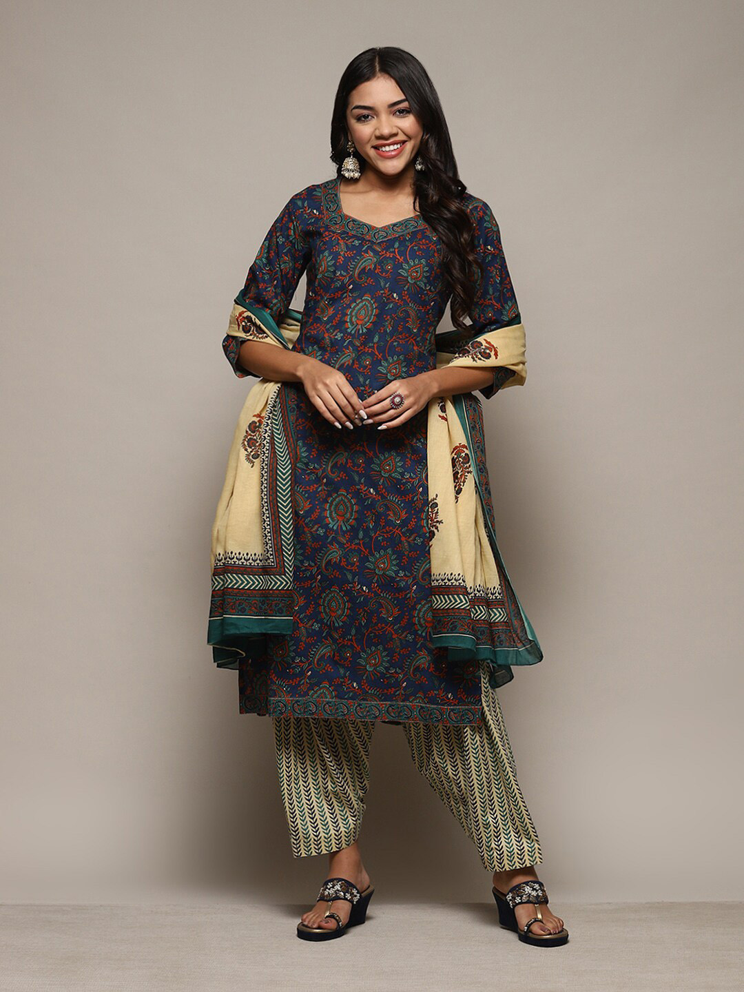 

Biba Ethnic Motif Printed Unstitched Dress Material, Blue