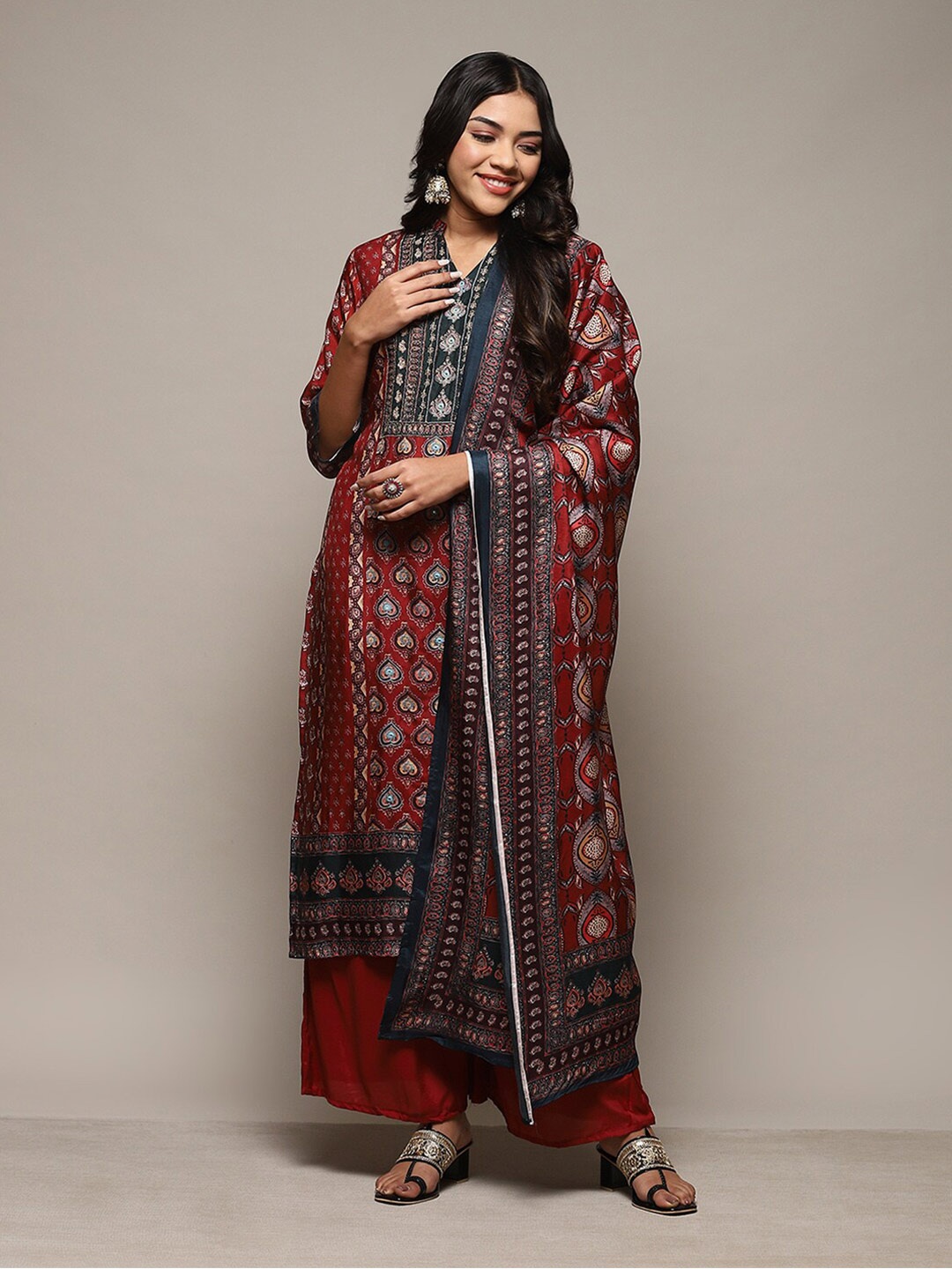 

Biba Ethnic Motifs Printed Unstitched Dress Material, Red
