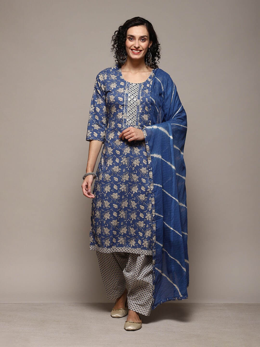 

Biba Floral Printed Unstitched Dress Material, Navy blue