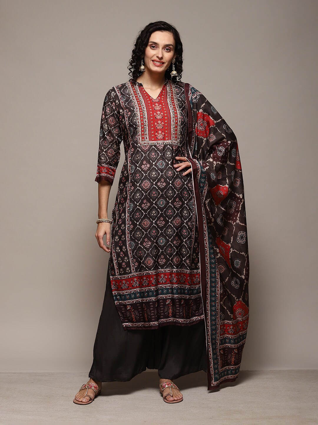 

Biba Ethnic Motifs Printed Unstitched Dress Material, Brown