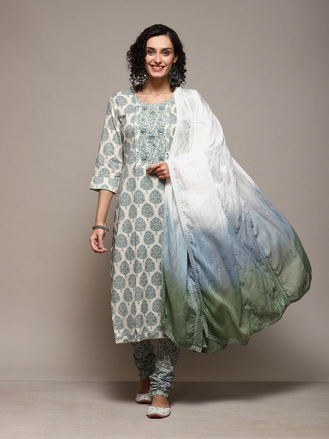 

Biba Ethnic Motifs Printed Unstitched Dress Material, Green
