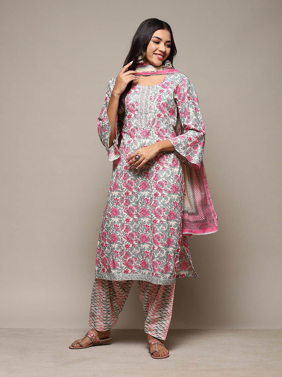 

Biba Floral Printed Unstitched Dress Material, Pink