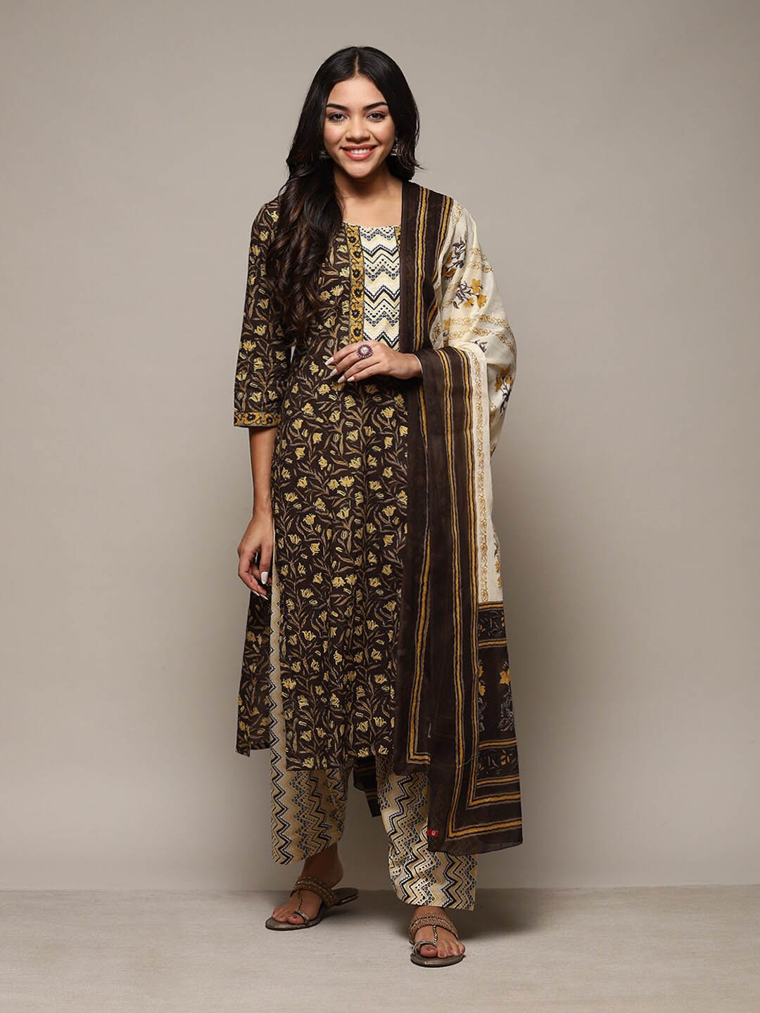 

Biba Floral Printed Unstitched Dress Material, Brown