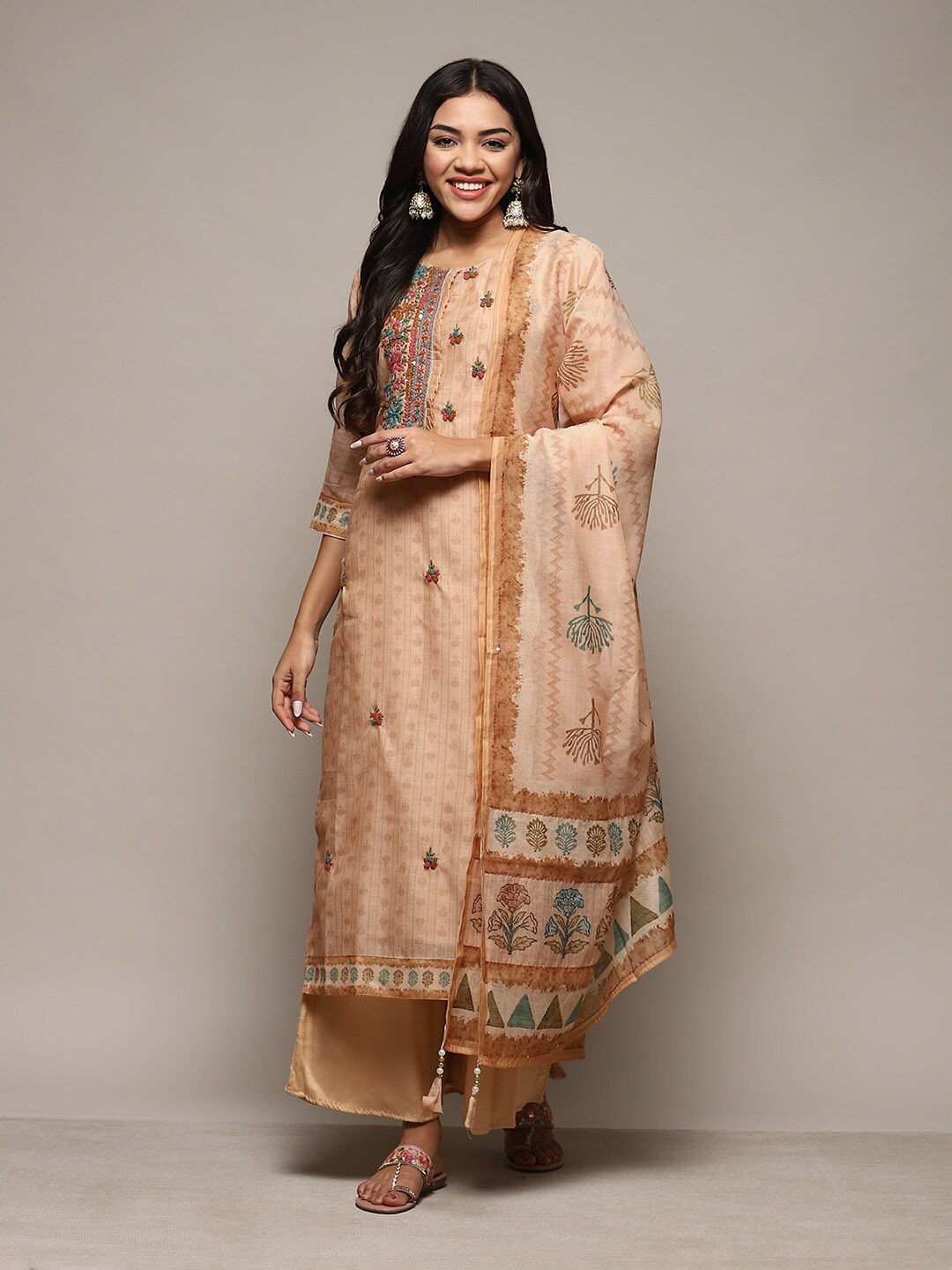 

Biba Floral Embroidered Unstitched Dress Material, Brown