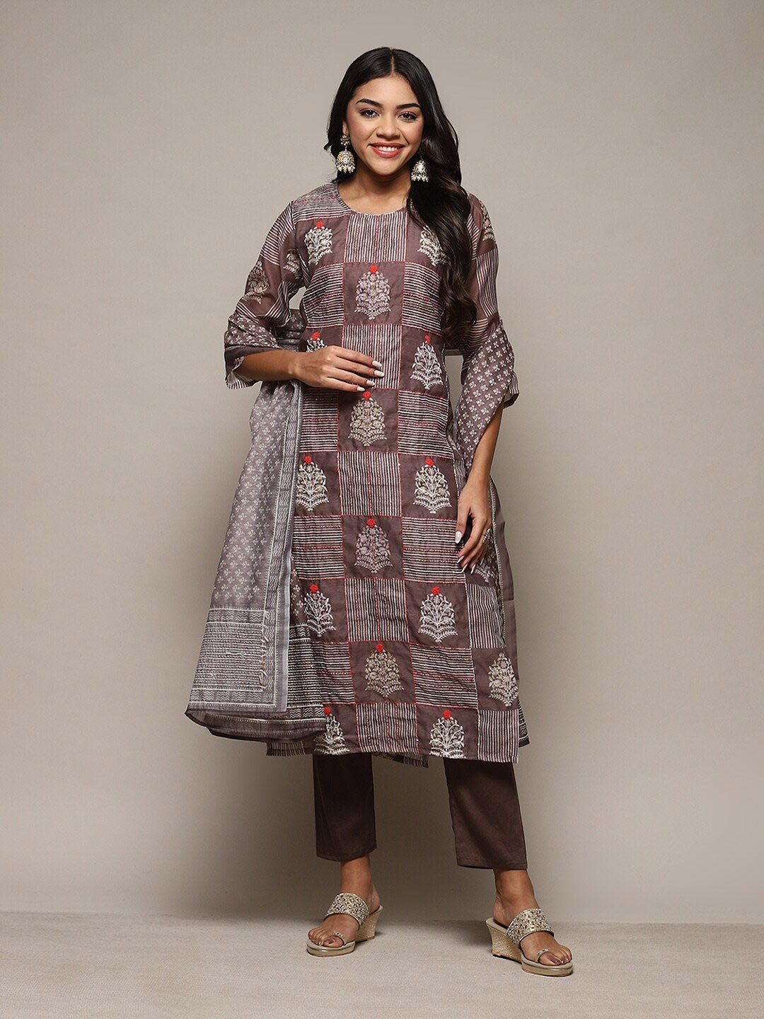 

Biba Floral Printed Unstitched Dress Material, Brown