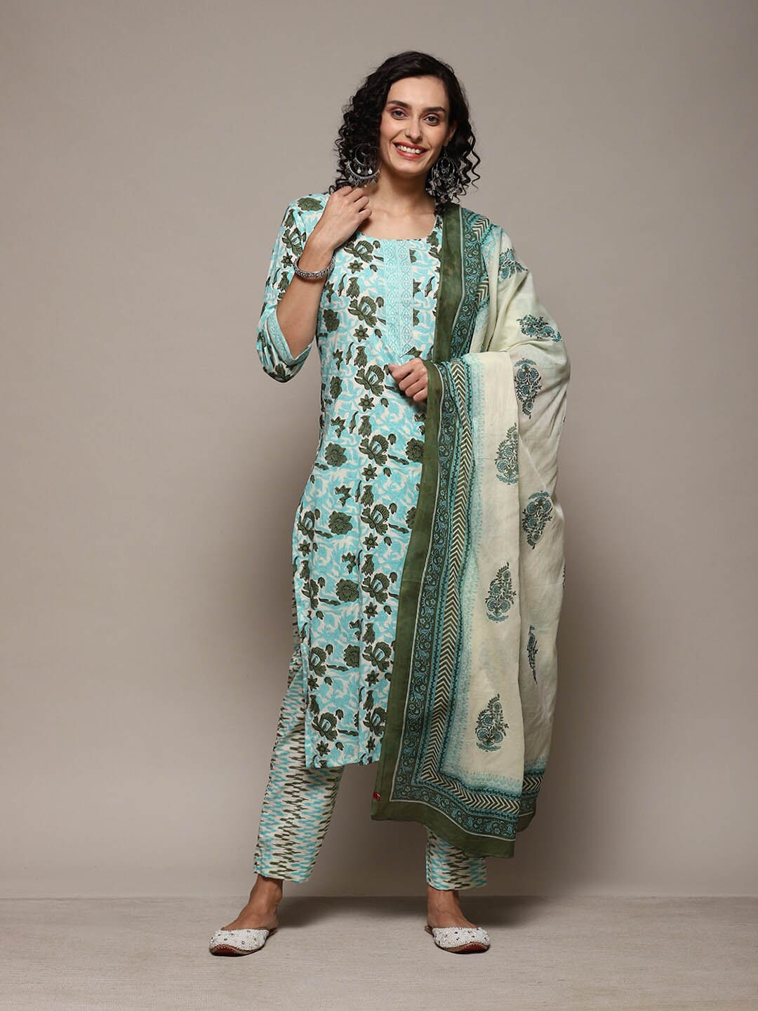 

Biba Floral Printed Unstitched Dress Material, Green