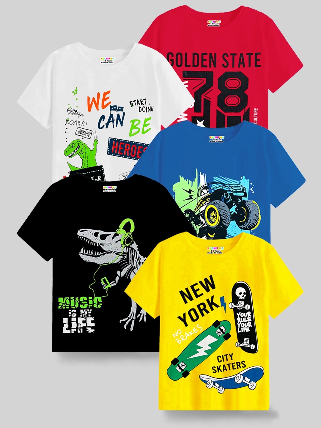 

KUCHIPOO Boys Pack of 5 Typography Printed T-shirt, Yellow