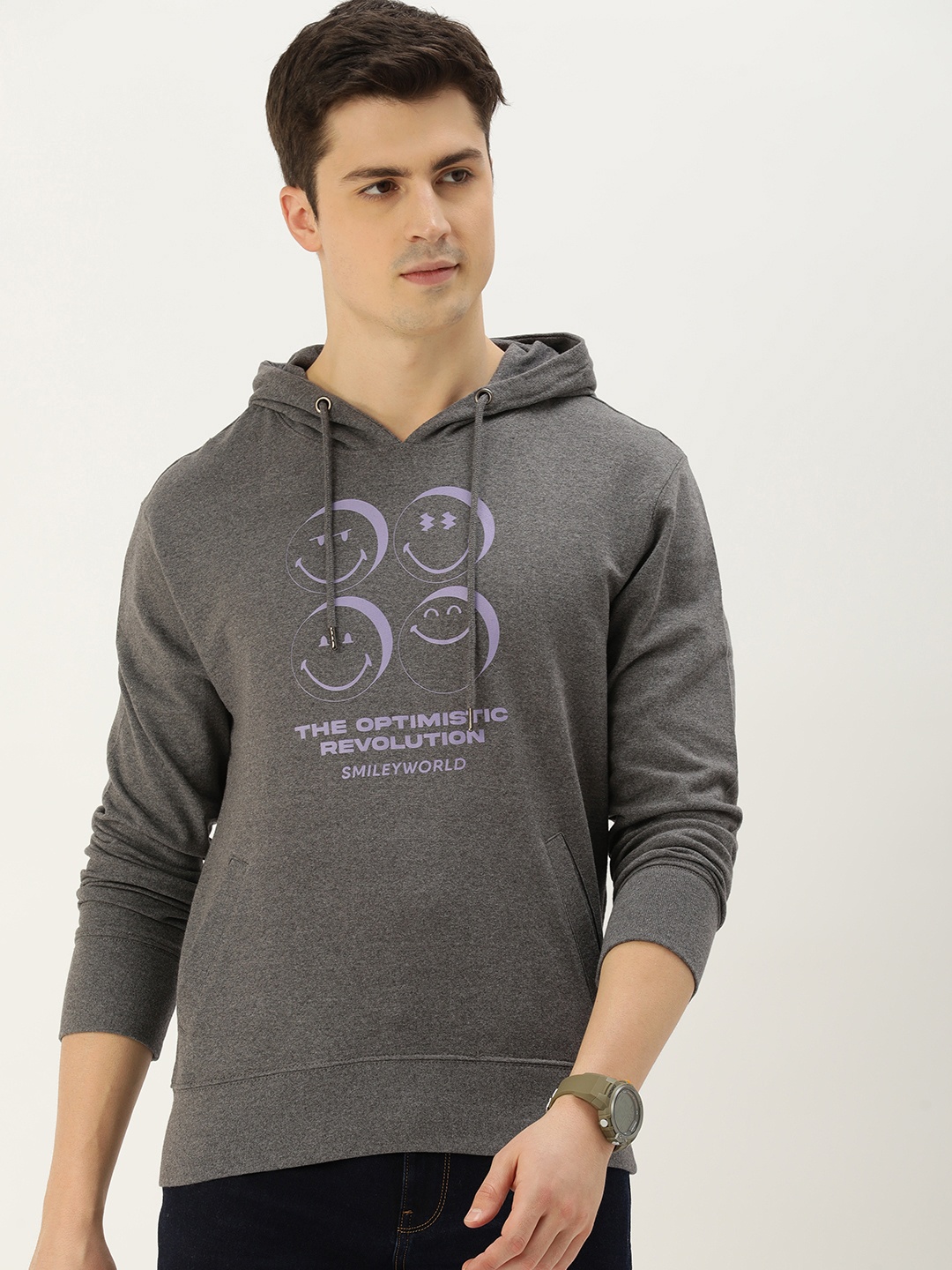 

Smiley Men Graphic Printed Hooded Sweatshirt, Grey