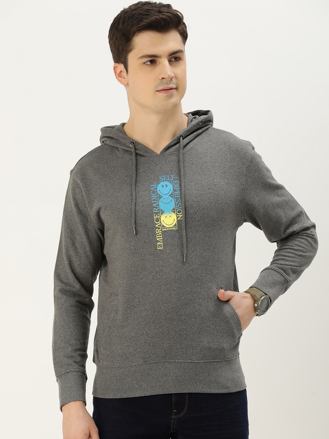 

Smiley Men Graphic Printed Hooded Sweatshirt, Grey