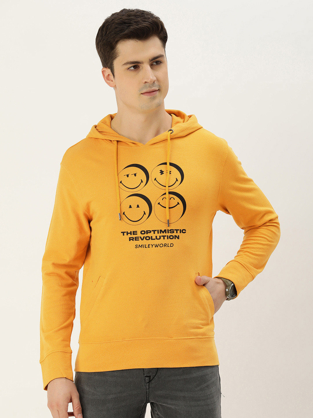 

Smiley Men Graphic Printed Hooded Sweatshirt, Yellow