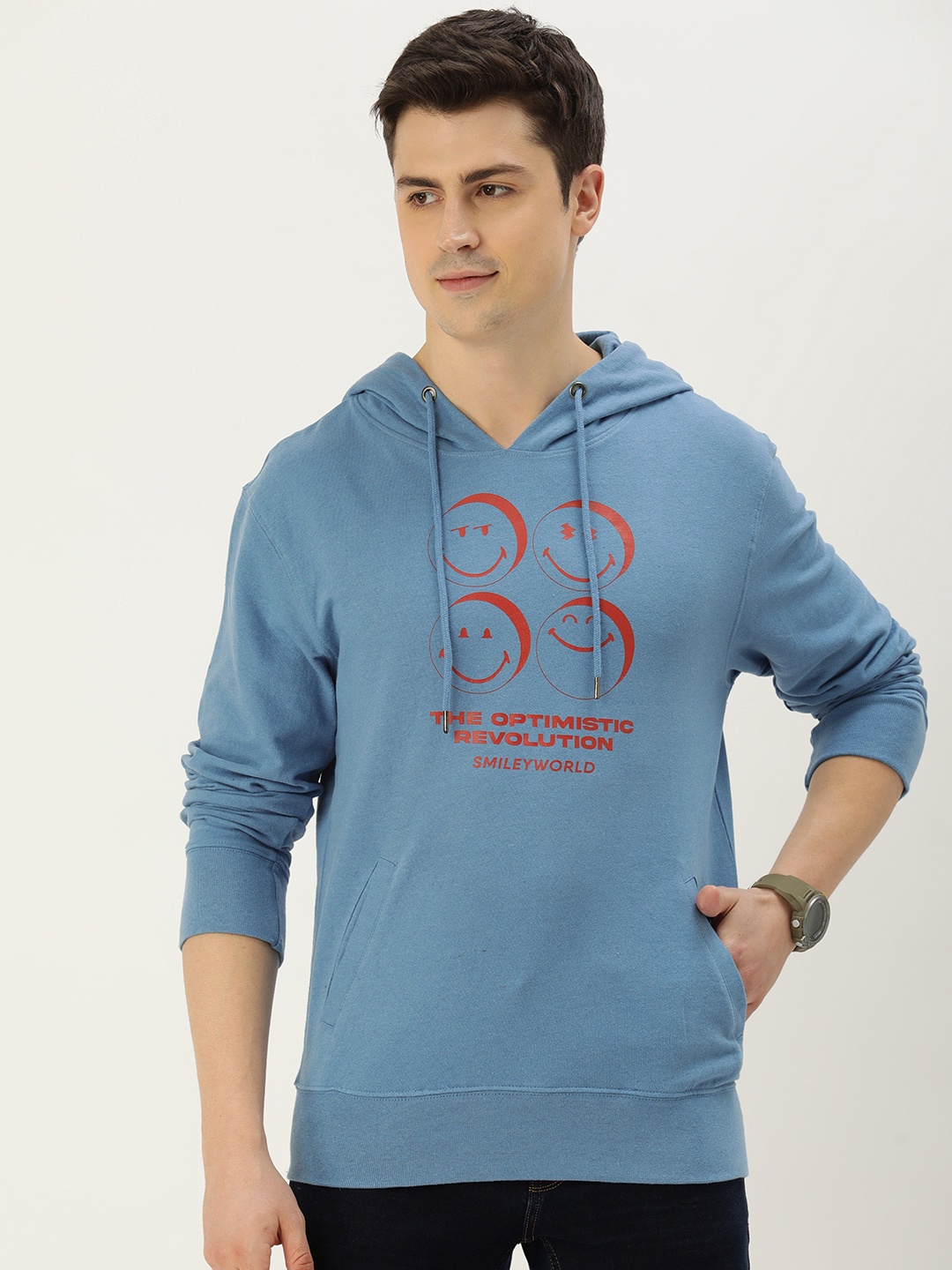 

Smiley Men Graphic Printed Hooded Sweatshirt, Blue