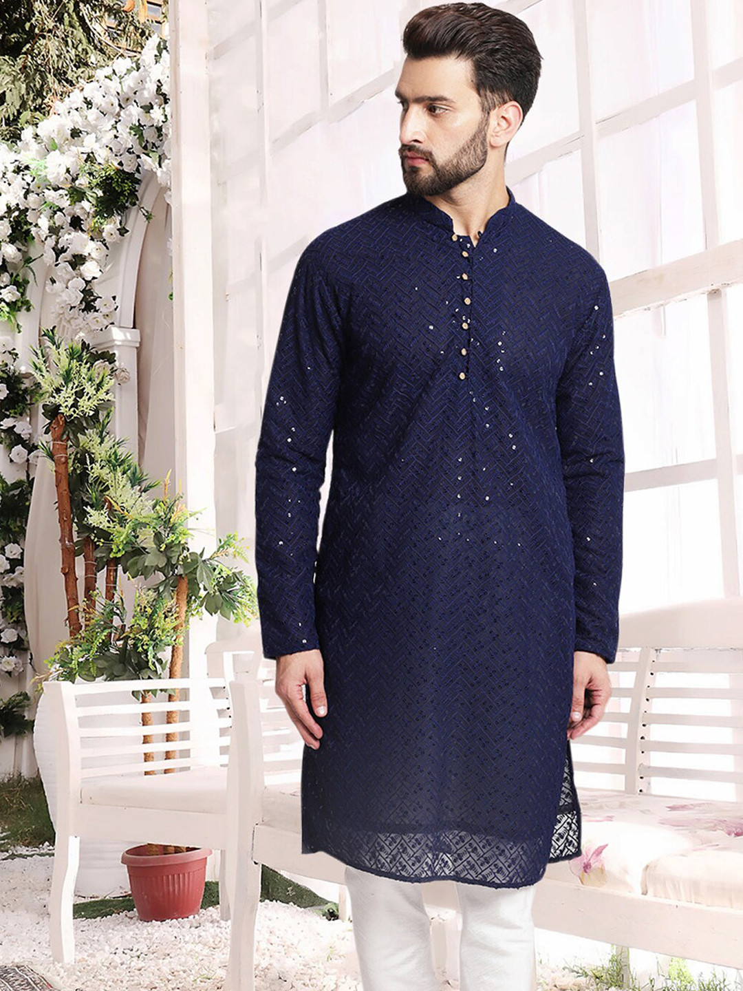 

TREEMODA Thread Work Pure Cotton Straight Kurta, Navy blue