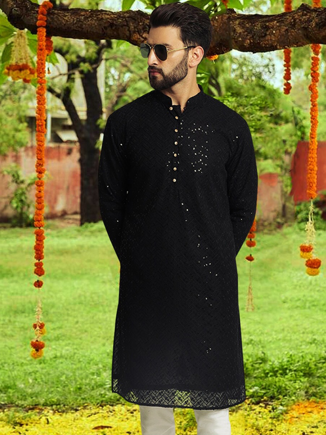 

TREEMODA Thread Work Pure Cotton Straight Kurta, Black