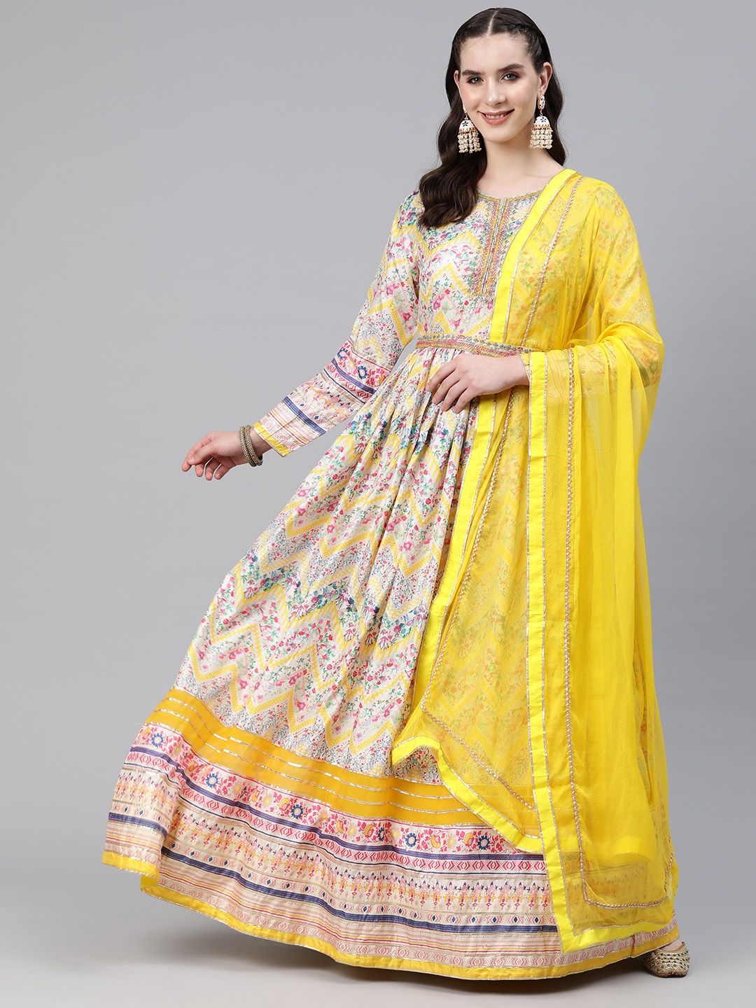 

Readiprint Fashions Floral Print Embellished Crepe Maxi Dress with Dupatta, Yellow