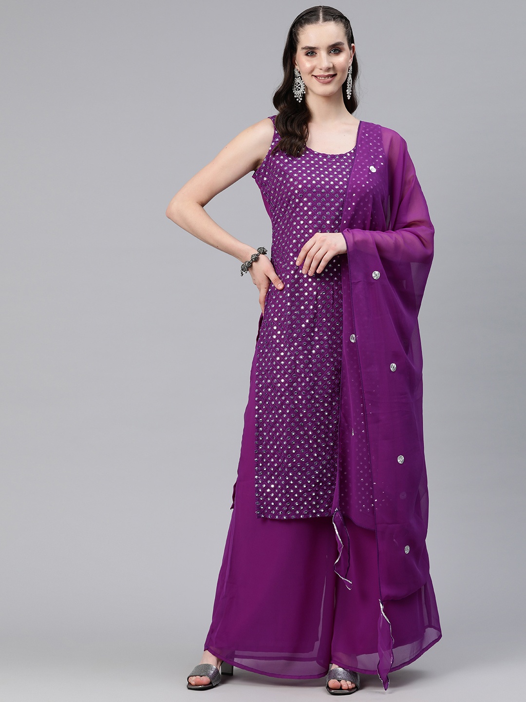 

Readiprint Fashions Embroidered Mirror Work Kurta with Palazzos & Dupatta, Purple