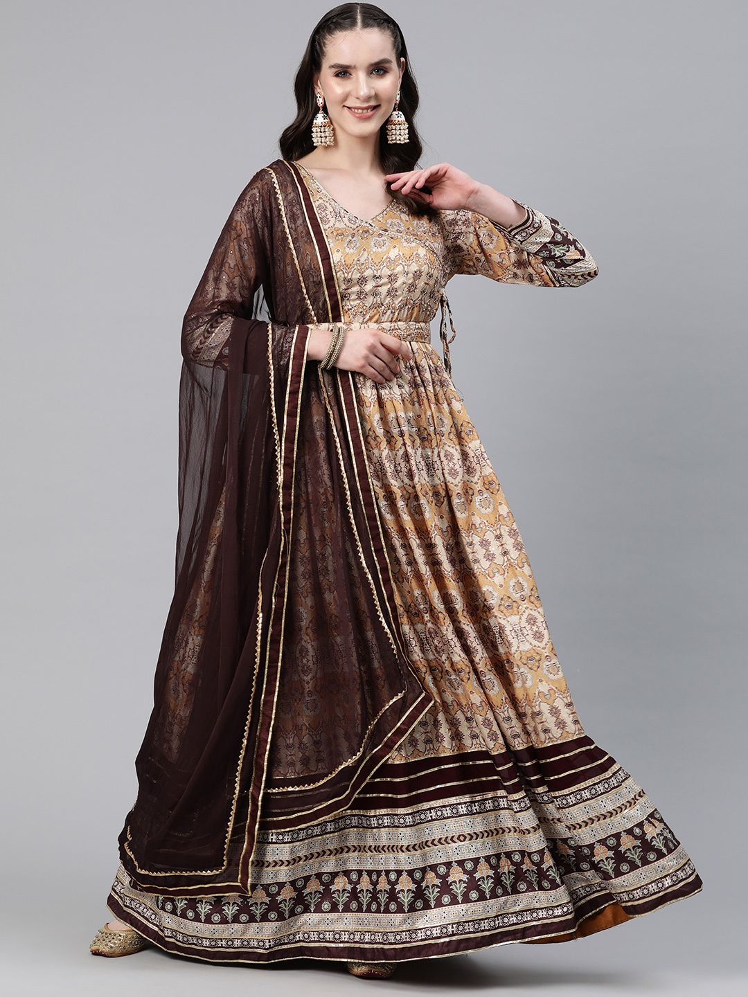 

Readiprint Fashions Floral Print Sequinned Crepe Maxi Dress with Dupatta, Beige