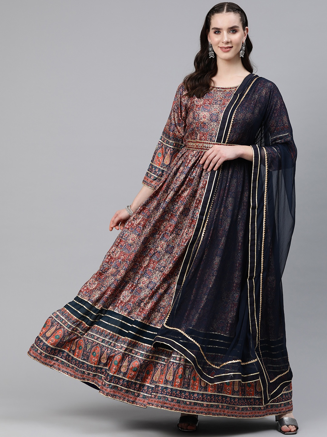 

Readiprint Fashions Floral Print Embellished Crepe Maxi Dress with Dupatta, Navy blue