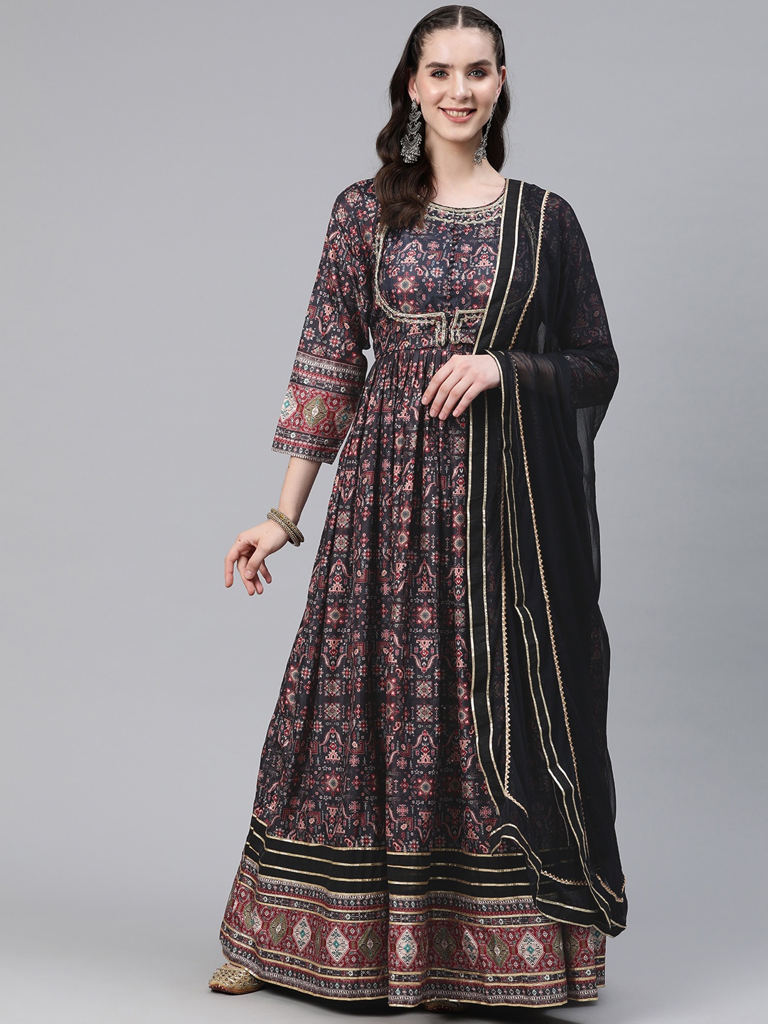 

Readiprint Fashions Floral Print Sequinned Crepe Maxi Dress with Dupatta, Black