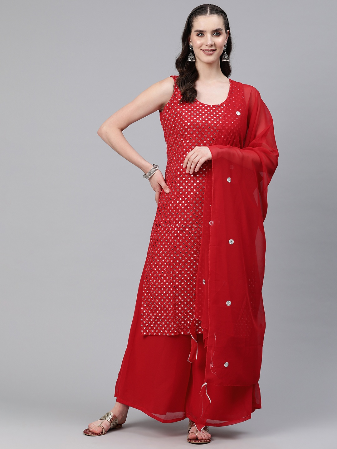 

Readiprint Fashions Women Red Embroidered Regular Mirror Work Kurta with Palazzos & With Dupatta