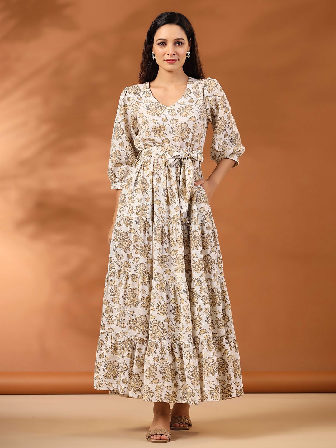 

Jaipur Kurti Floral Printed V-Neck Puff Sleeves Tiered Cotton Maxi Dress, White