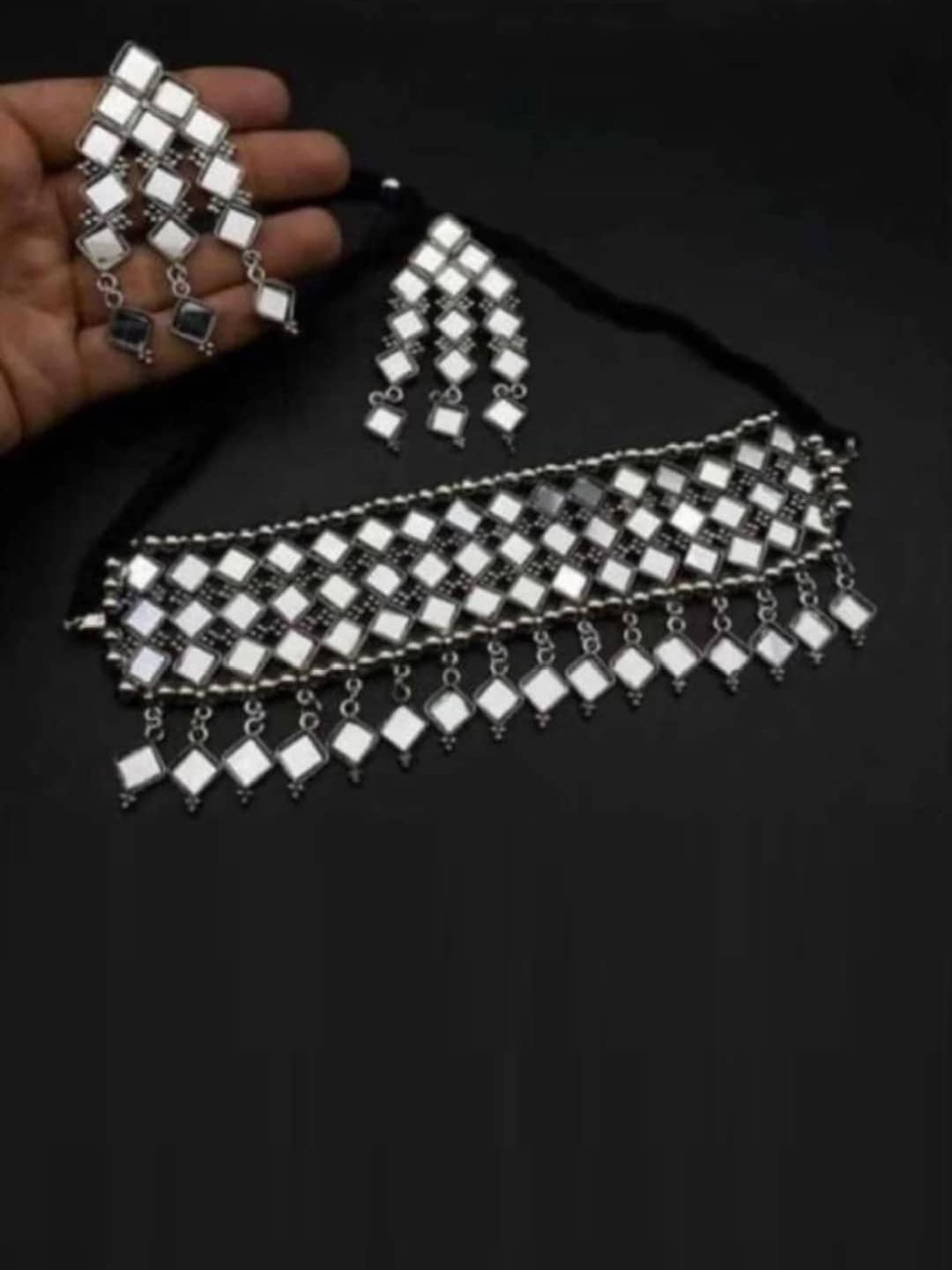 

PRASUB Sterling Silver Silver-Plated Mirror-Work Necklace & Earrings