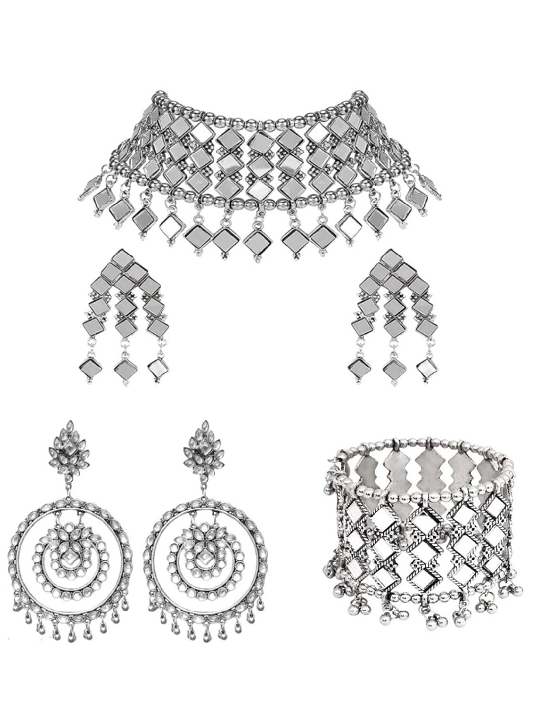 

PRASUB Silver Plated Mirror Work Oxidised Jewellery Sets