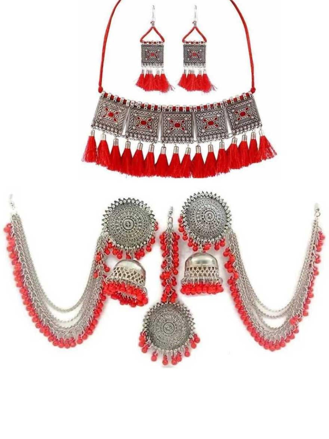 

PRASUB Set Of 2 Silver Plated Oxidised Jewellery Sets