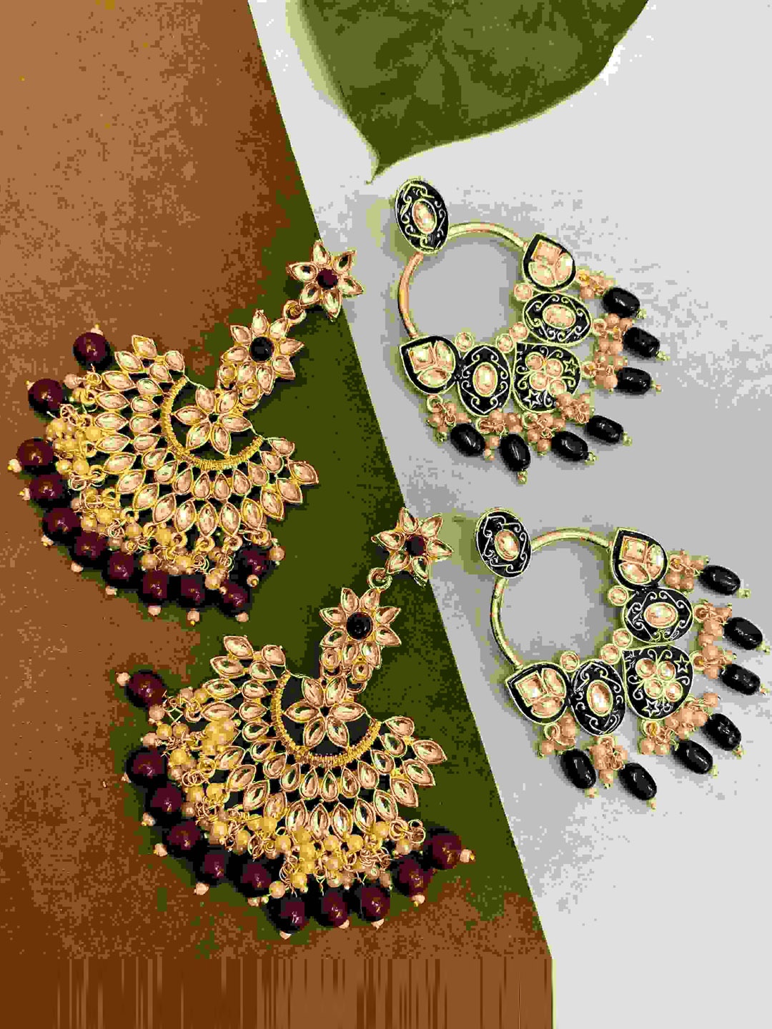 

ATIBELLE Set Of 2 Gold-Plated Contemporary Kundan Studded & Beaded Chandbalis