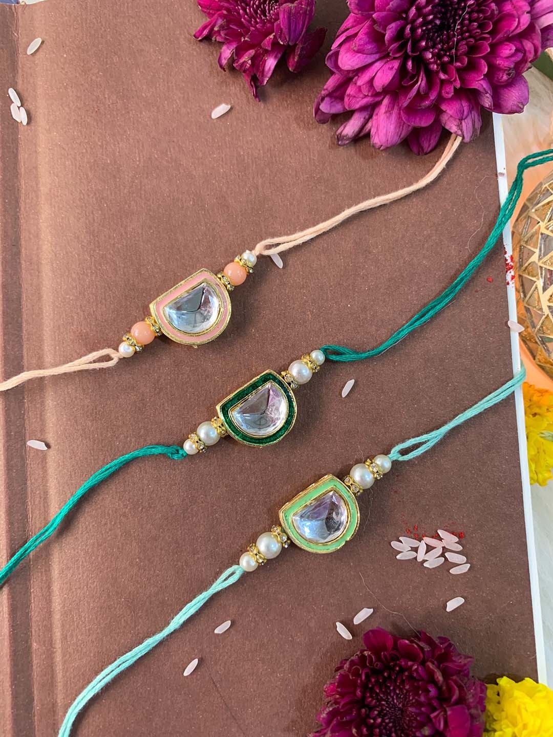 

I Jewels Men Set Of 3 Kundan Studded Rakhis, Gold