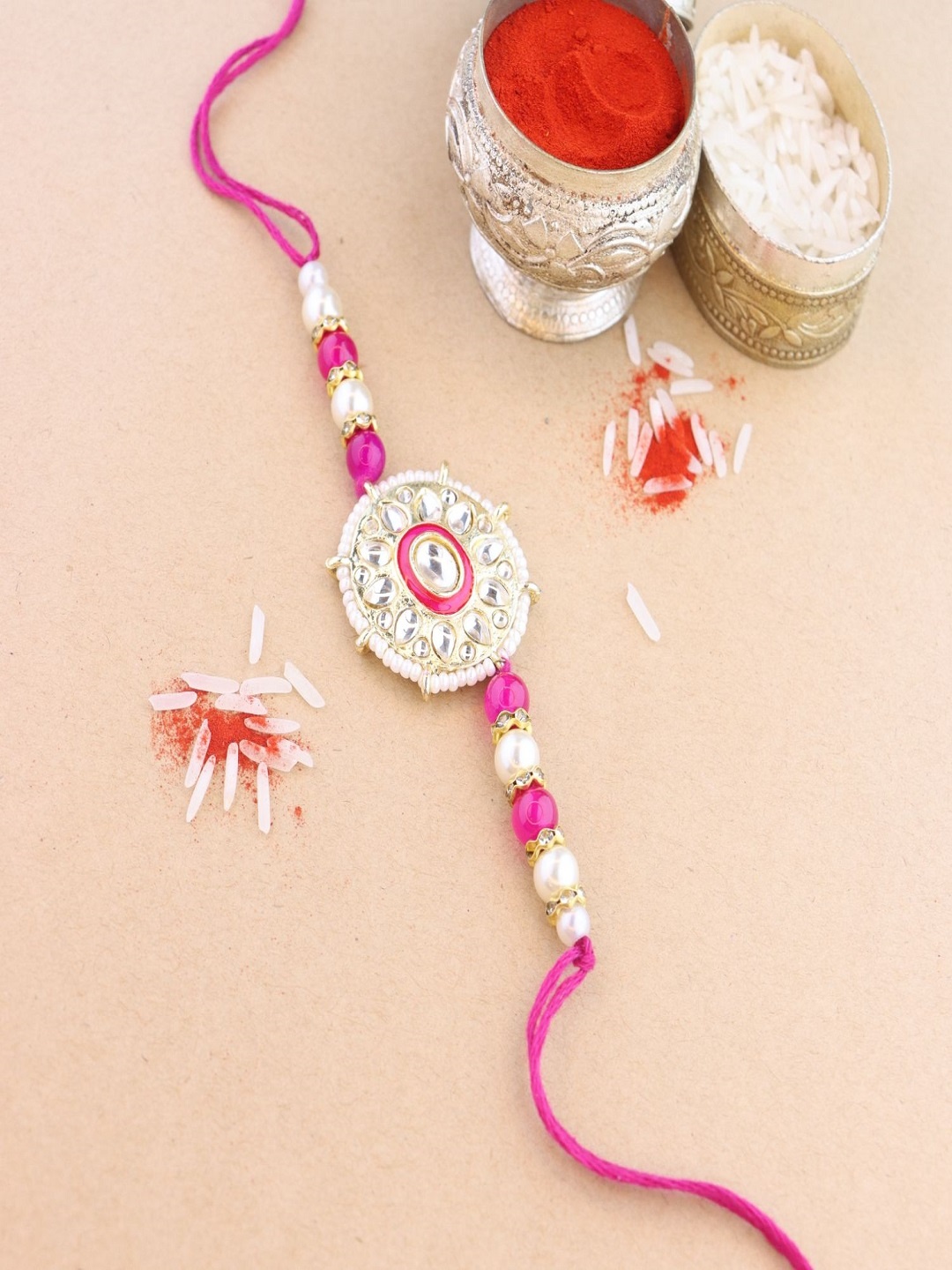 

I Jewels Kundan Studded & Beaded Thread Rakhi, Pink
