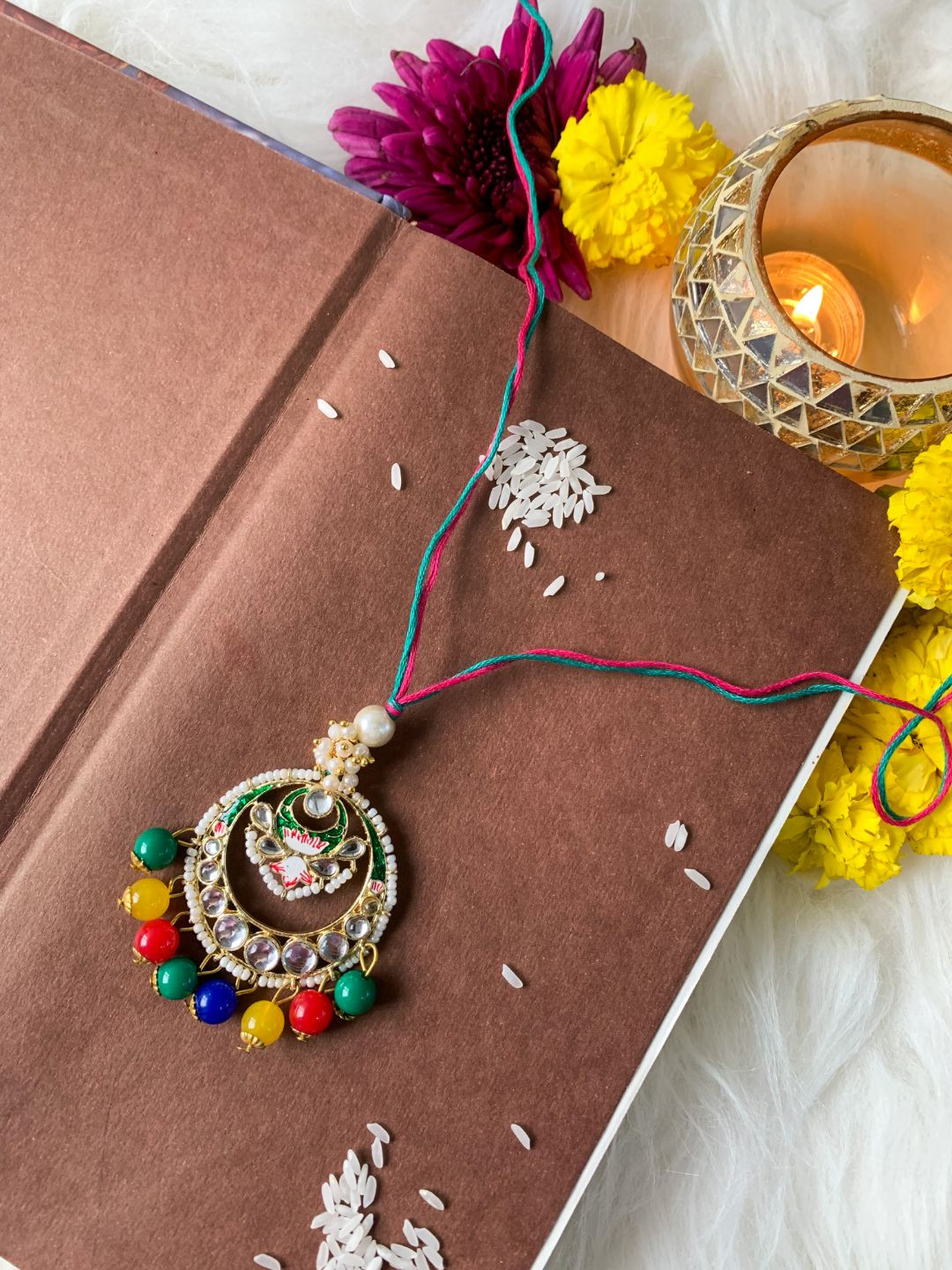 

I Jewels Pearl Beaded Hanging Lumba Rakhi, Green
