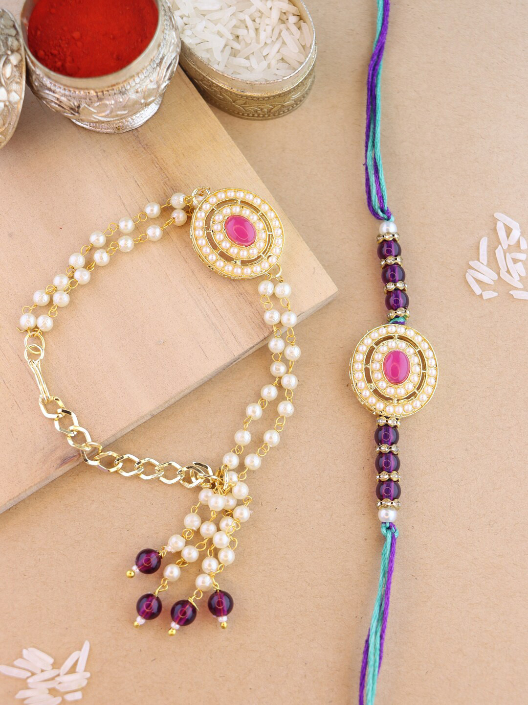 

I Jewels Bhaiya Bhabhi Rakhi Set with Roli Chawal & Card, Pink