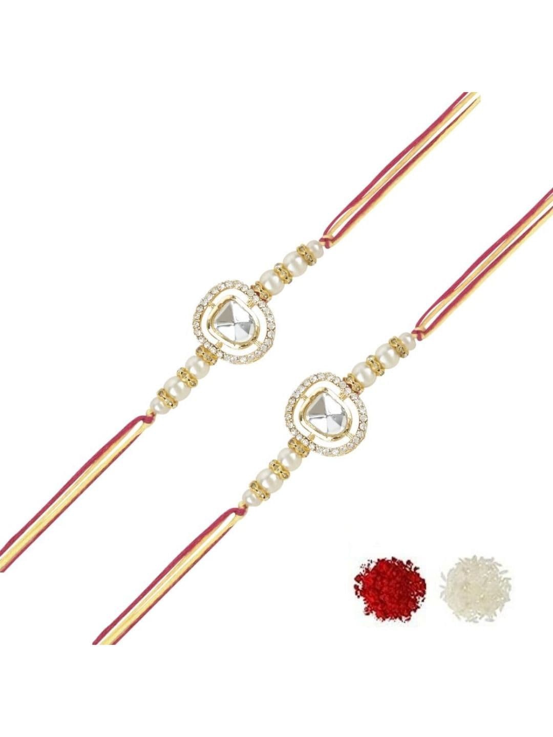 

I Jewels Set Of 2 Kundan Stones Studded & Beaded Rakhis, White