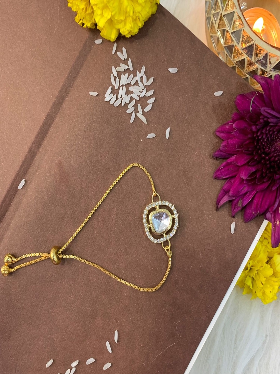 

I Jewels Kundan-Studded & Pearl Beaded Hanging Lumba Rakhi, Gold
