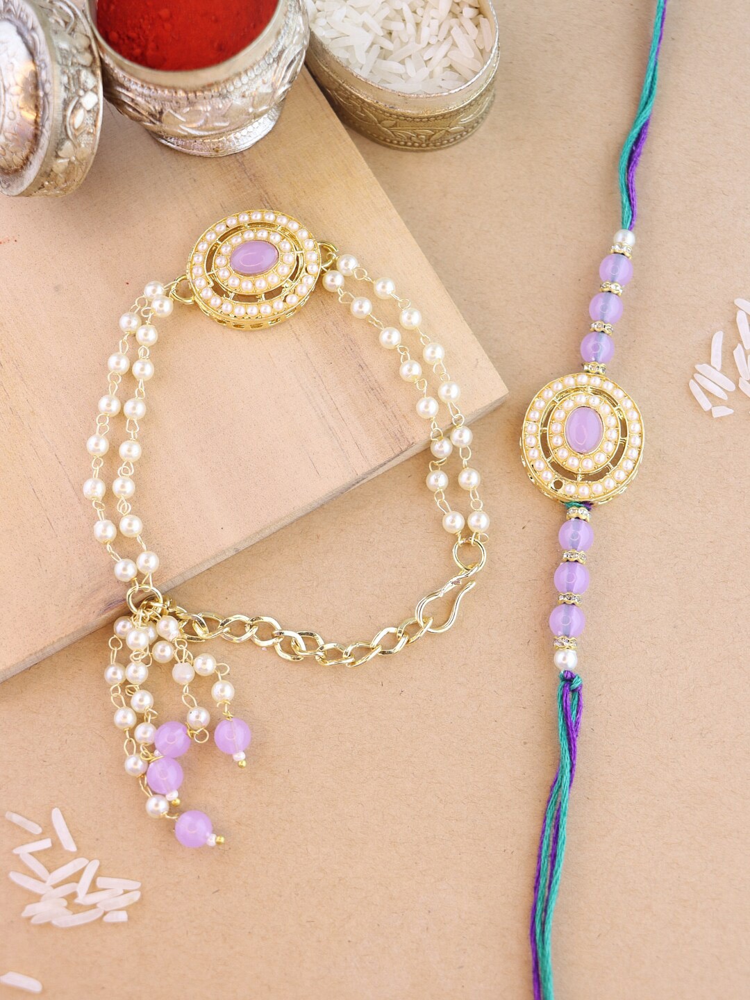 

I Jewels Bhaiya Bhabhi Rakhi Set with Roli Chawal & Card, Purple
