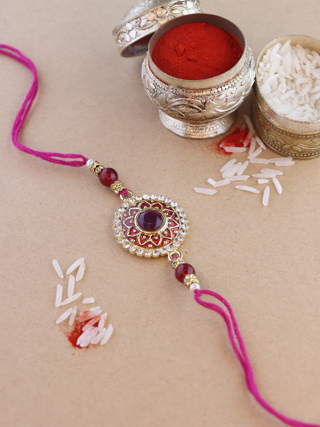 

I Jewels Kundan Studded Thread Rakhi, Maroon