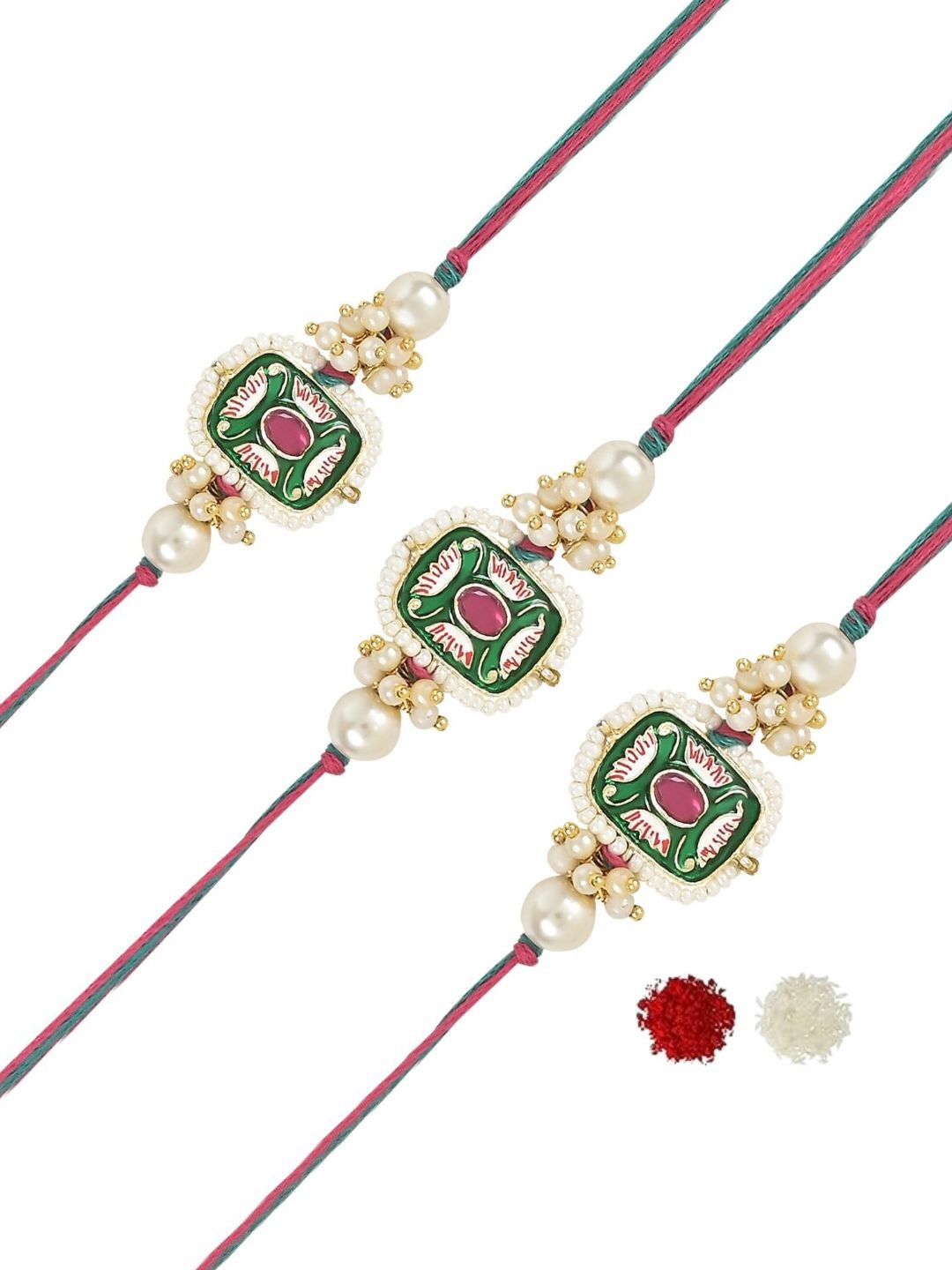 

I Jewels Set Of 3 Kundan Studded & Pearls Beaded Thread Rakhis, Pink