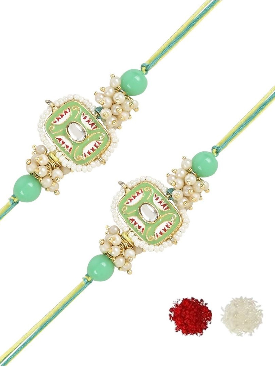 

I Jewels Set Of 2 Kundan-Studded & Beaded Rakhis, Sea green
