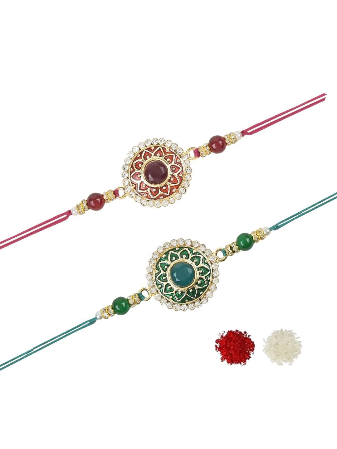 

I Jewels Set Of 2 Kundan-Studded & Beaded Thread Rakhis, Maroon