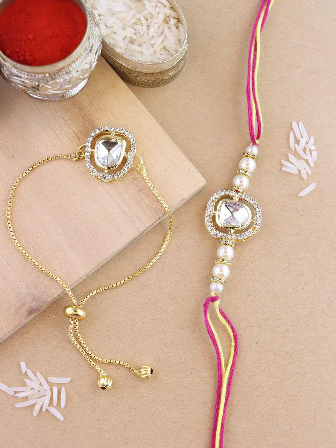 

I Jewels Bhaiya Bhabhi Rakhi Set with Roli Chawal & Card, White