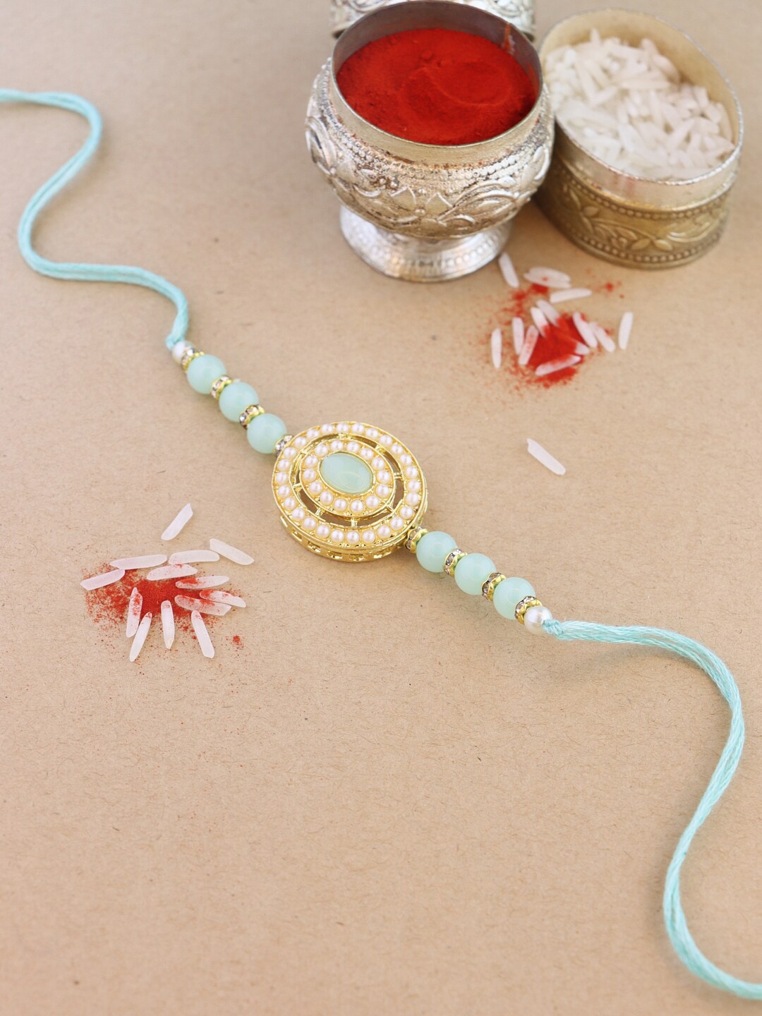 

I Jewels Kundan Studded Thread Rakhi, Sea green