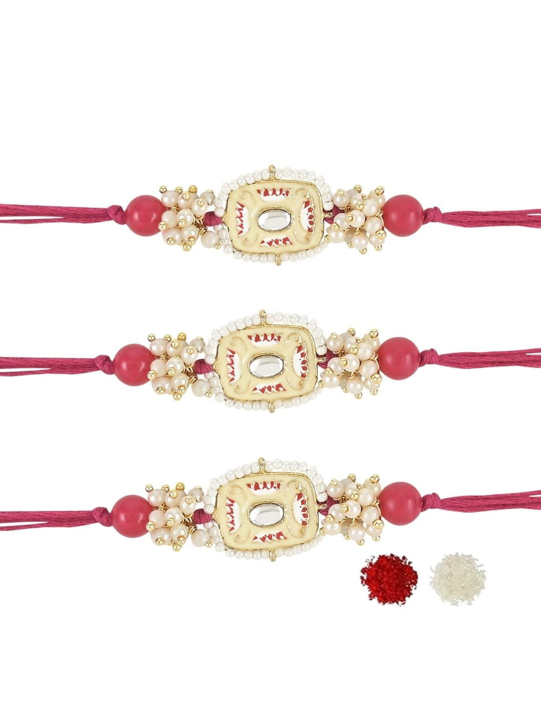 

I Jewels Set Of 3 Kundan Stones Studded & Beaded Rakhis, Pink
