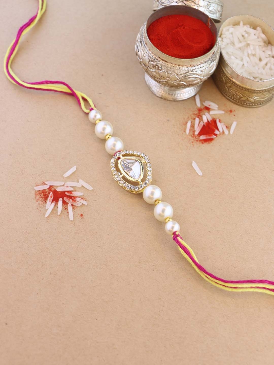 

I Jewels Kundan Studded Thread Rakhi, White