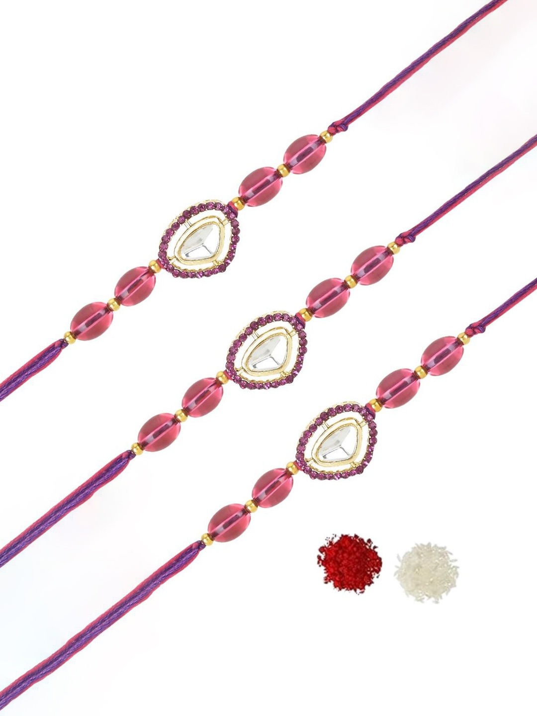 

I Jewels Set Of 3 Kundan Studded & Beaded Rakhi, Gold