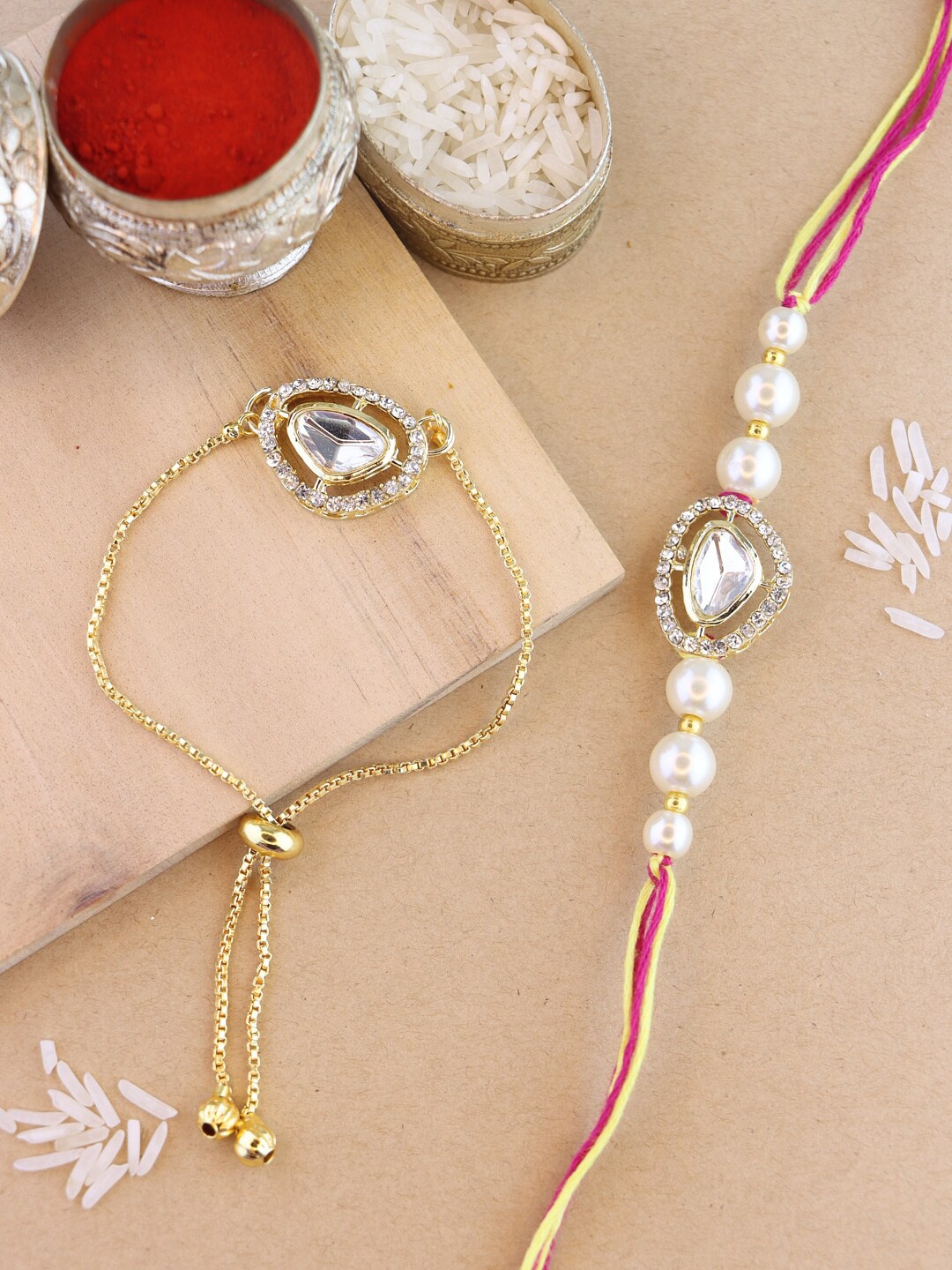 

I Jewels Bhaiya Bhabhi Rakhi Set with Roli Chawal & Card, White