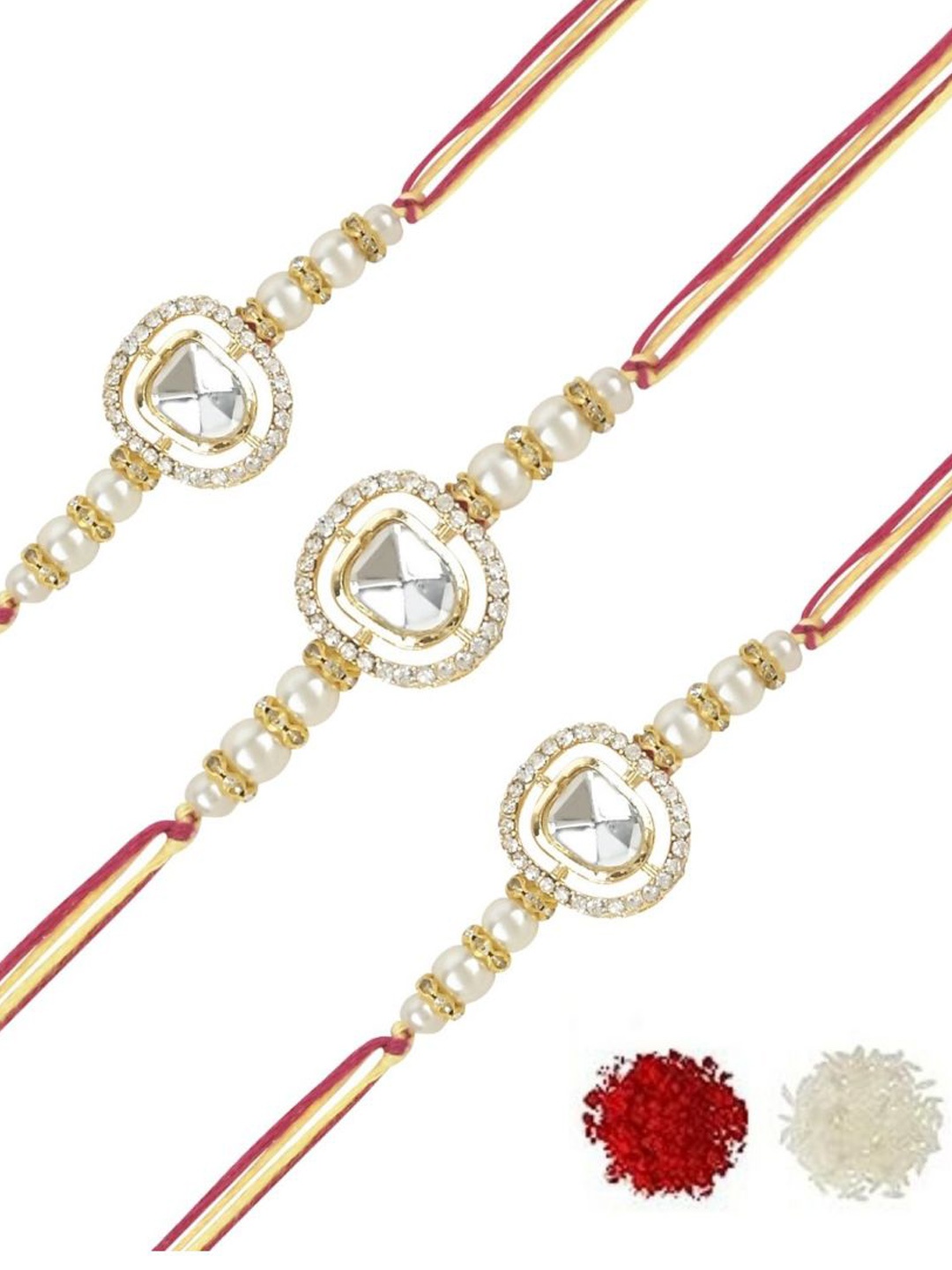 

I Jewels Set Of 3 Kundan-Studded & Beaded Thread Rakhis, White