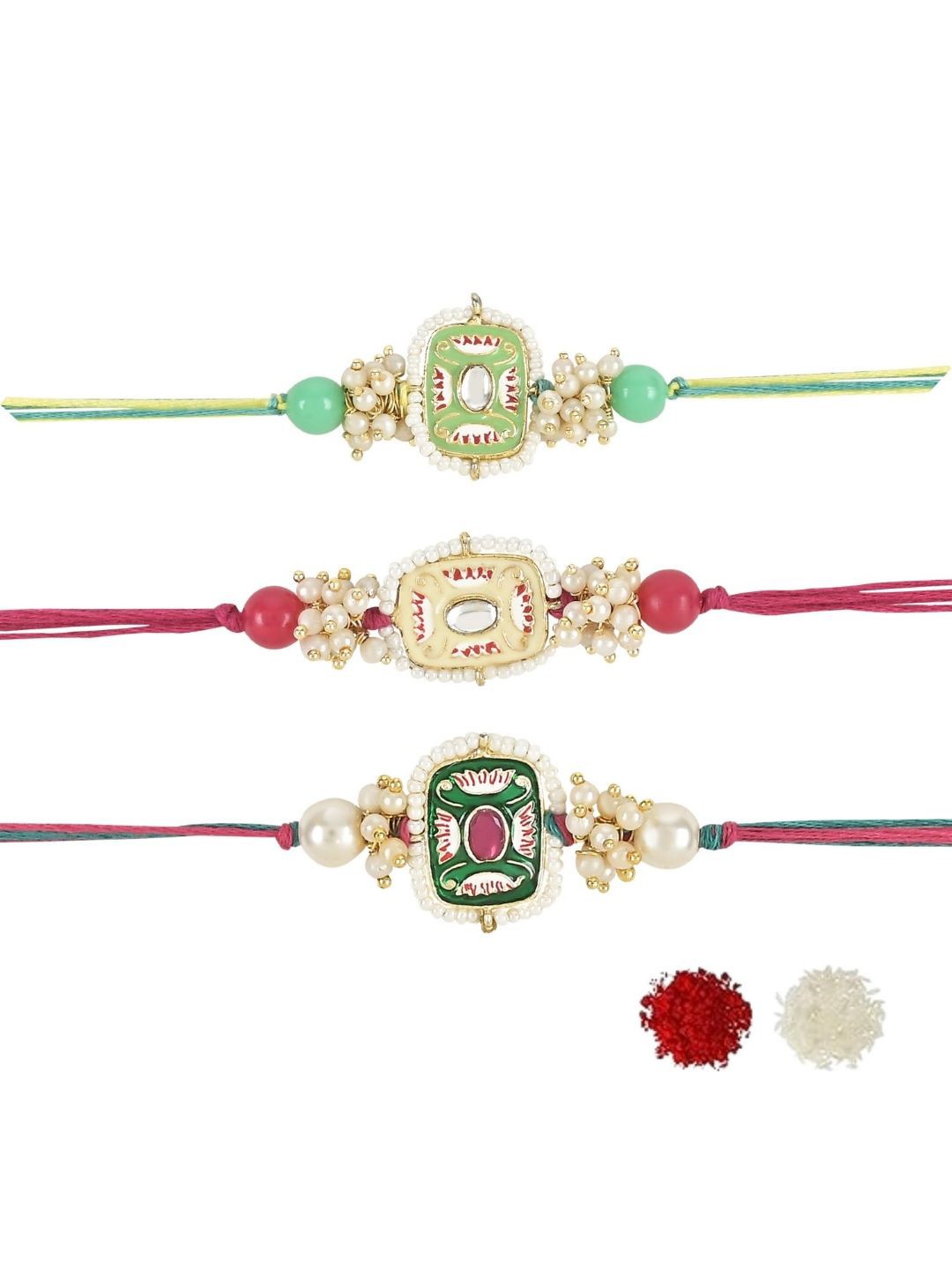 

I Jewels Set Of 3 Kundan Studded & Beaded Thread Rakhis, Pink