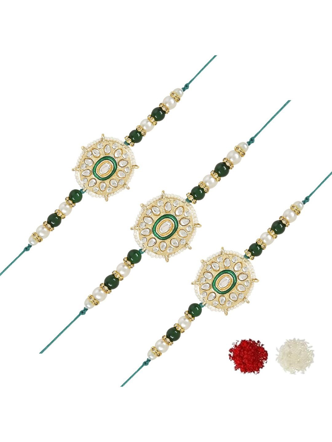 

I Jewels Set Of 3 Kundan Studded & Beaded Thread Rakhis, Green