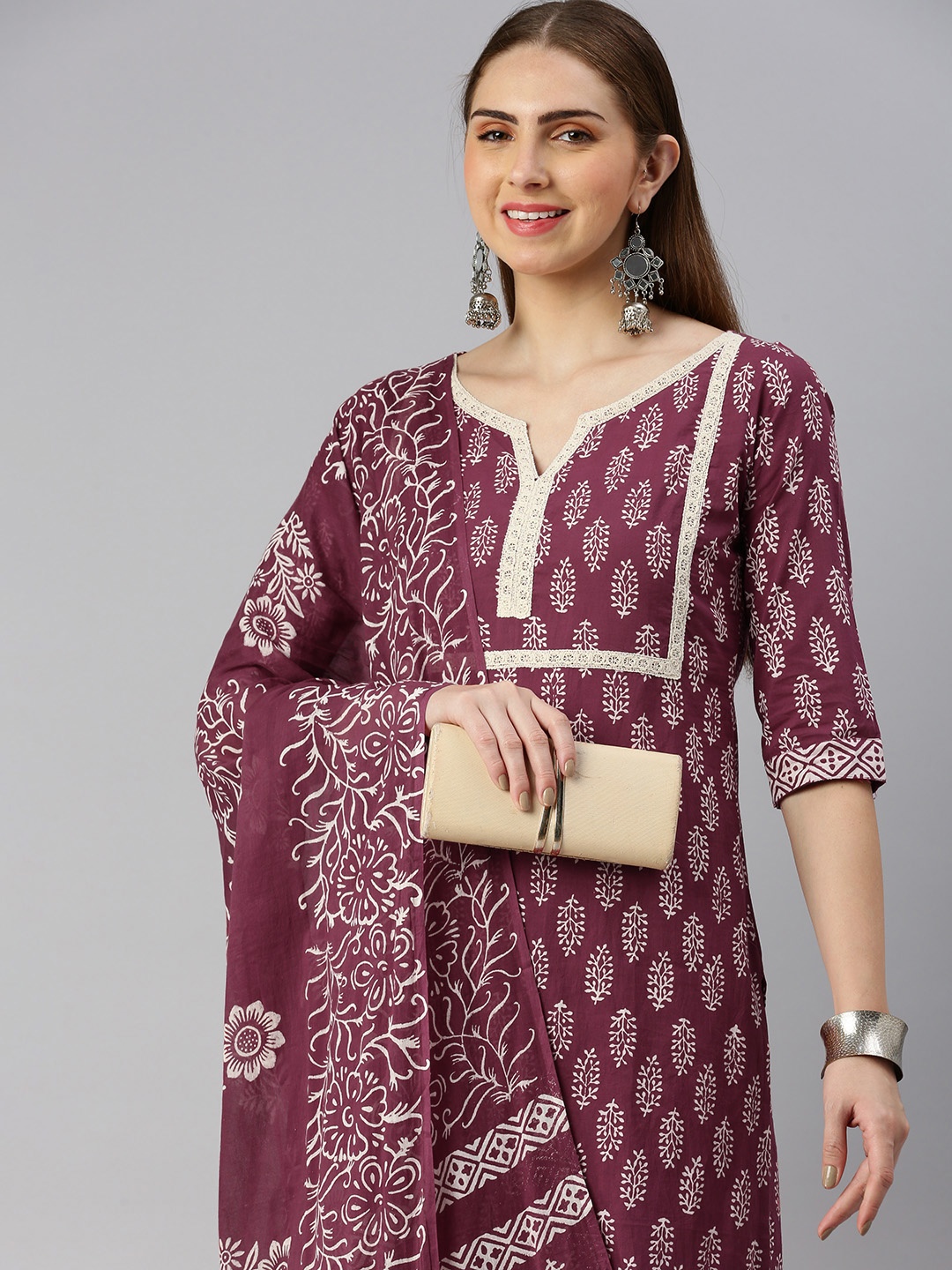 

flaher Women Ethnic Motifs Printed Regular Pure Cotton Kurta with Salwar & With Dupatta, Maroon