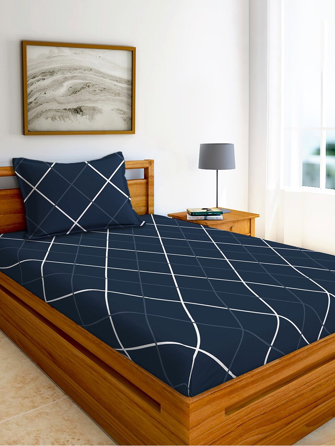 

AEROHAVEN Blue Geometric Printed Cotton 240 TC Single Bedsheet With 1 Pillow Cover